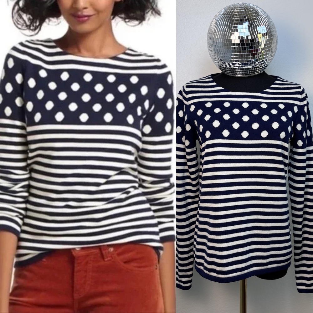 Sparrow Anthropologie Striped Polka Dot Cashmere Blend Sweater Medium Navy Cream